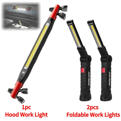 Rechargeable COB LED Work Light with Magnetic Base – 1000 Lumen Portable Camping Flashlight, 5 Modes, USB-C, Hanging Lamp for Garage Yard Emergency Outdoor Use, 2/3/4 Pack