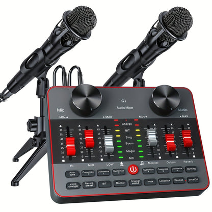 Podcast Equipment Bundle with Audio Interface - 2 BM-800 Condenser Microphones DJ Mixer Live Sound Card, Complete Home Recording Studio Kit for Streaming Gaming Singing YouTube Twitch