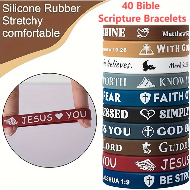 40-Pack Inspirational Bible Verse Silicone Bracelets Cute Colorful Christian Wristbands for Men Women Kids Church VBS Party Favors