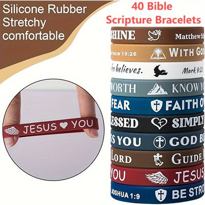 40-Pack Inspirational Bible Verse Silicone Bracelets Cute Colorful Christian Wristbands for Men Women Kids Church VBS Party Favors