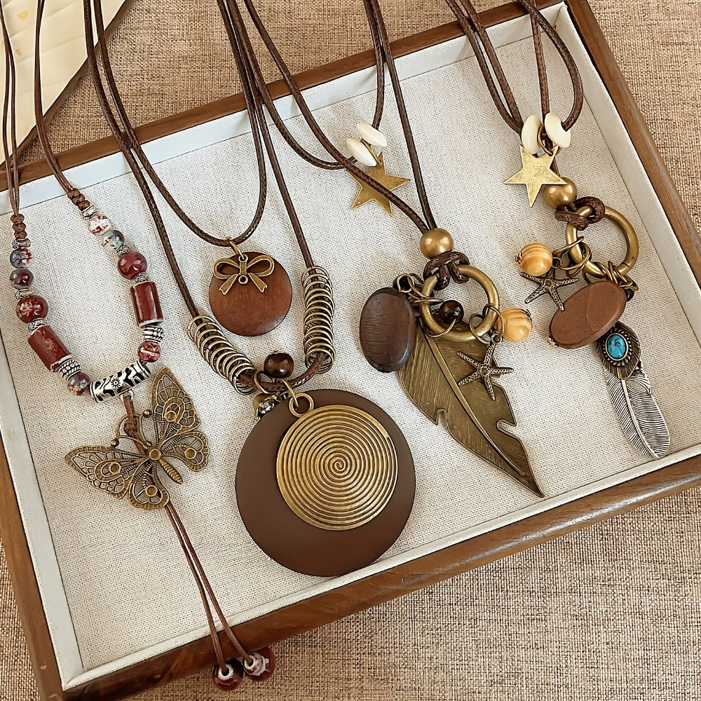 5 Piece Bohemian Layered Necklace Set for Women – Retro Boho Sweater Chain Y-Shaped Necklace with Feather Leaf Butterfly Star Pendants, Fashionable Stackable Jewelry Gift for Daily Wear and Banquets
