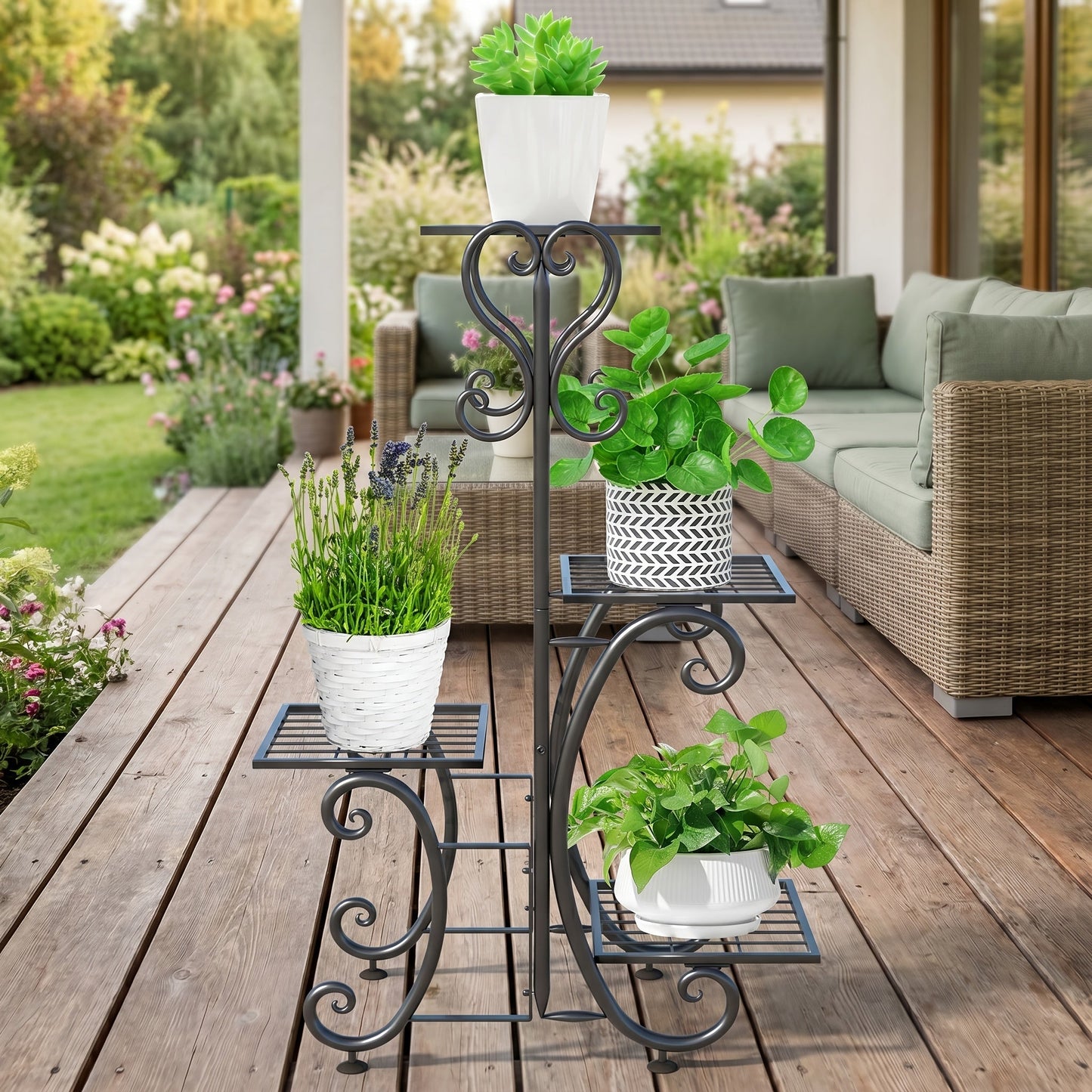 4 Tier Metal Plant Stand Indoor Outdoor Wrought Iron Corner Flower Pot Holder Display Rack Organizer for Garden Patio Balcony Lawn Office Planter Shelf Black