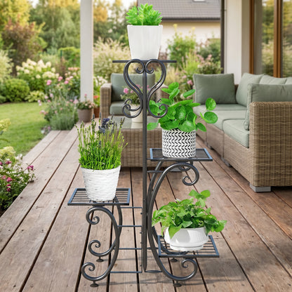 4 Tier Metal Plant Stand Indoor Outdoor Wrought Iron Corner Flower Pot Holder Display Rack Organizer for Garden Patio Balcony Lawn Office Planter Shelf Black