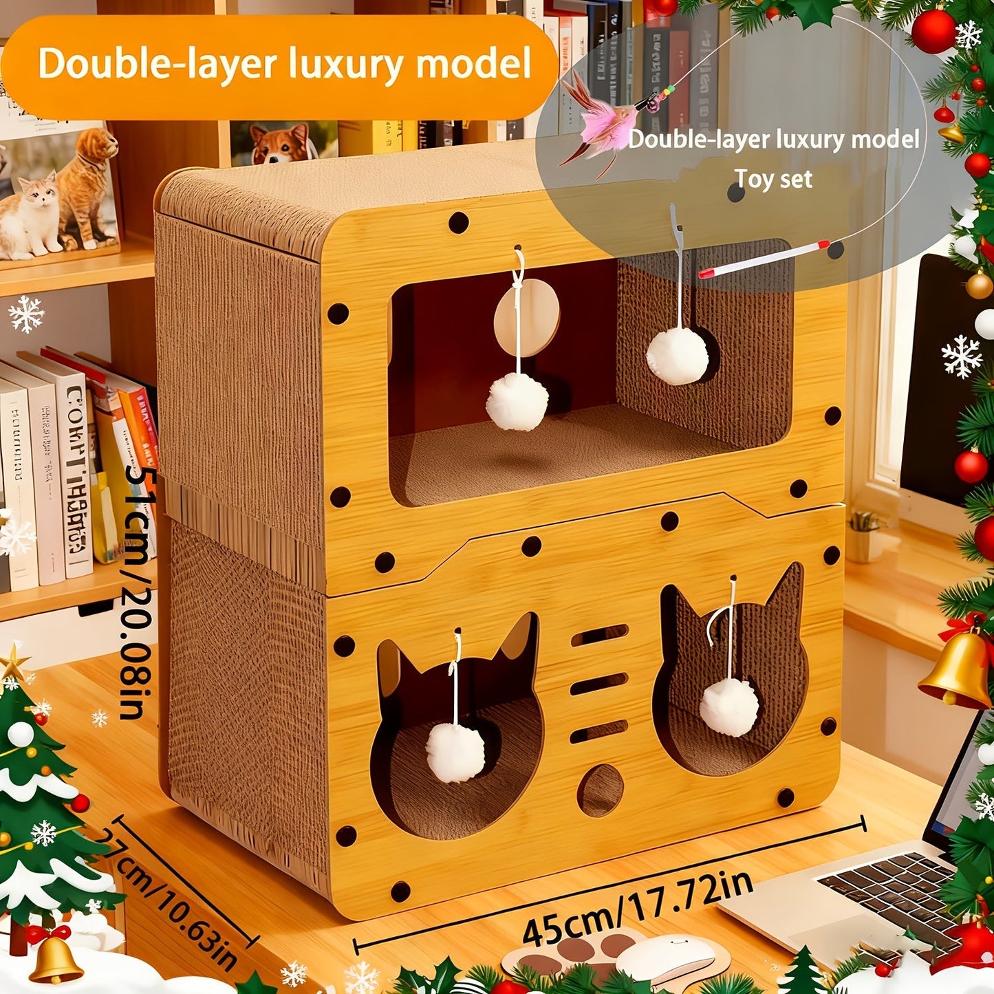 Large Cat House with Scratcher Pads & Plush Ball Toys – Ventilated Indoor Outdoor Cat Shelter, Choose Single Door, Double Door or Luxury Double-Layer Design, Great Cat Gift