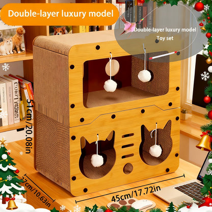 Large Cat House with Scratcher Pads & Plush Ball Toys – Ventilated Indoor Outdoor Cat Shelter, Choose Single Door, Double Door or Luxury Double-Layer Design, Great Cat Gift