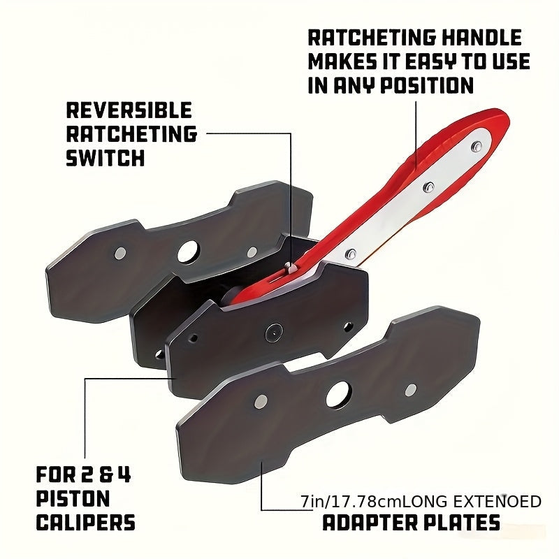 Brake Caliper Compression Tool with 360° Ratchet – Piston Spreader Press for 2 & 4 Piston Fixed & Floating Disc Brake Calipers, Alloy Steel, 2 Spacers Included, Red Handle, Auto Repair Tool