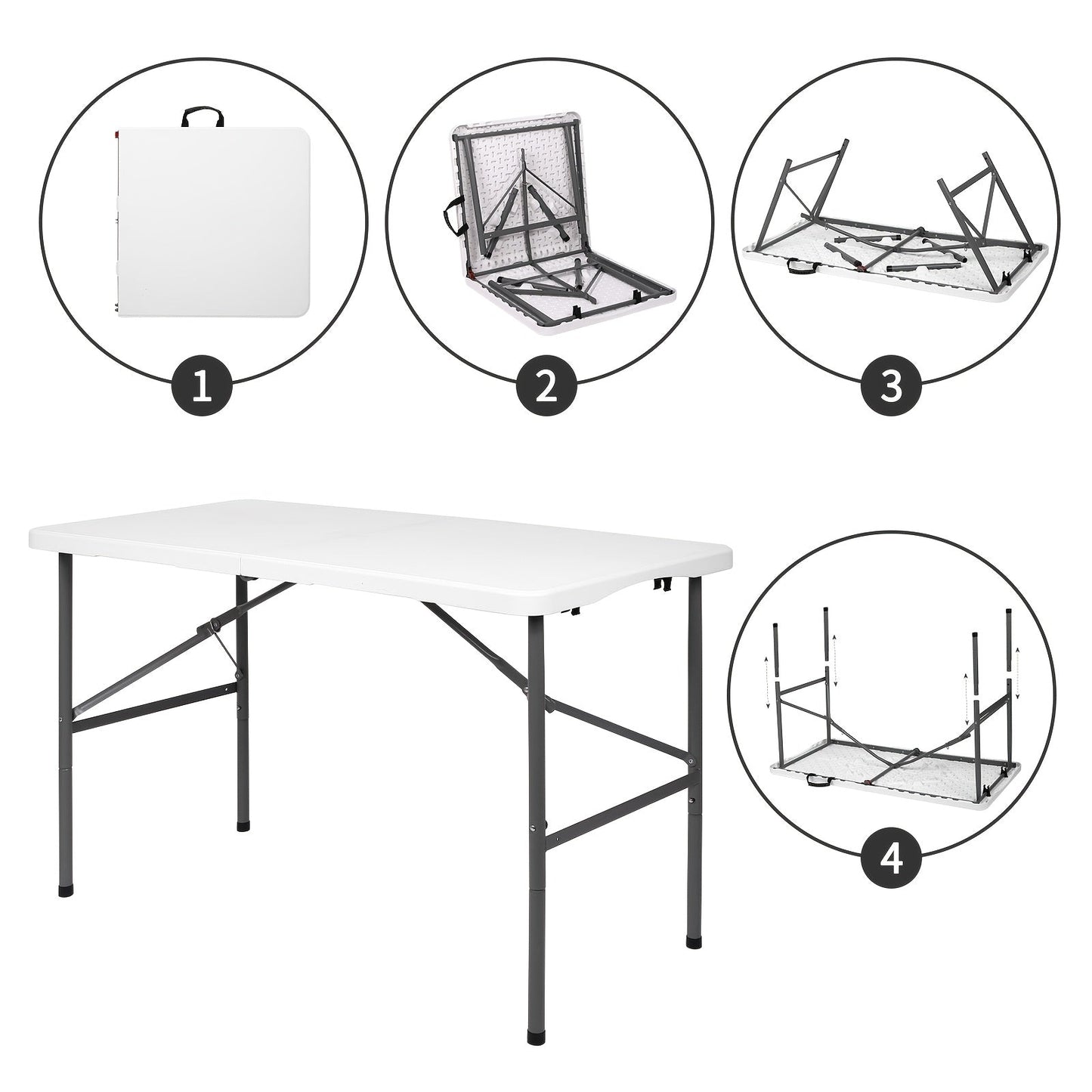 Folding Table 4ft & 6ft Portable Rectangle Table for Camping, Picnic, Wedding & Party – Lightweight with Carrying Handle, Easy Setup, Indoor Outdoor Fold Up Table – White