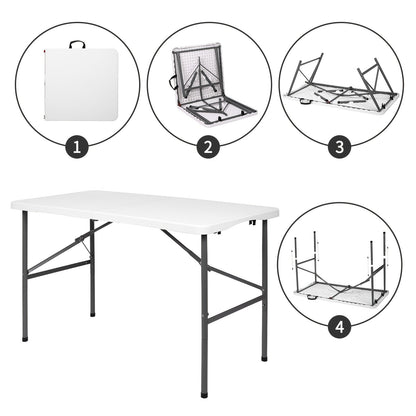 Folding Table 4ft & 6ft Portable Rectangle Table for Camping, Picnic, Wedding & Party – Lightweight with Carrying Handle, Easy Setup, Indoor Outdoor Fold Up Table – White