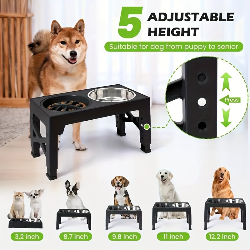 Height Adjustable Dog Bowl Stand with Slow Feeder & Stainless Steel Bowl – 5-Level Foldable Elevated Dog Food Bowl for Medium Large Dogs and Cats, Black & Pink