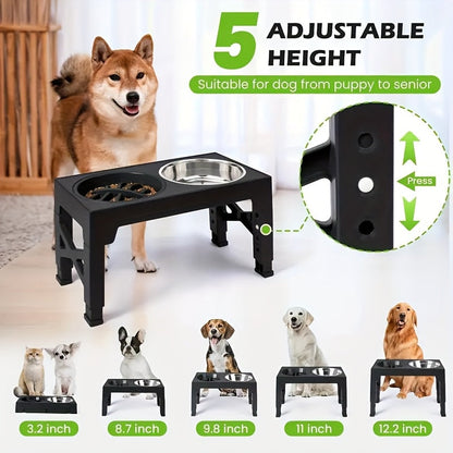 Height Adjustable Dog Bowl Stand with Slow Feeder & Stainless Steel Bowl – 5-Level Foldable Elevated Dog Food Bowl for Medium Large Dogs and Cats, Black & Pink