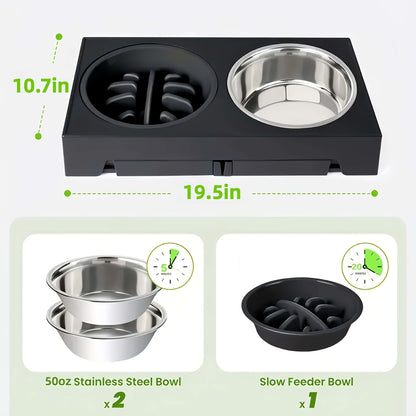 Height Adjustable Dog Bowl Stand with Slow Feeder & Stainless Steel Bowl – 5-Level Foldable Elevated Dog Food Bowl for Medium Large Dogs and Cats, Black & Pink
