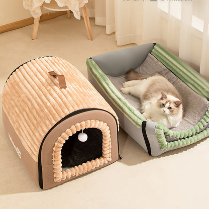 Foldable Dog Bed Cave 2-in-1 All Season – Fully Enclosed Covered Pet House with Handle, Soft Fluffy Non-Slip Washable Nest for Large, Medium & Small Dogs and Cats – Free Drool Bib – Velora