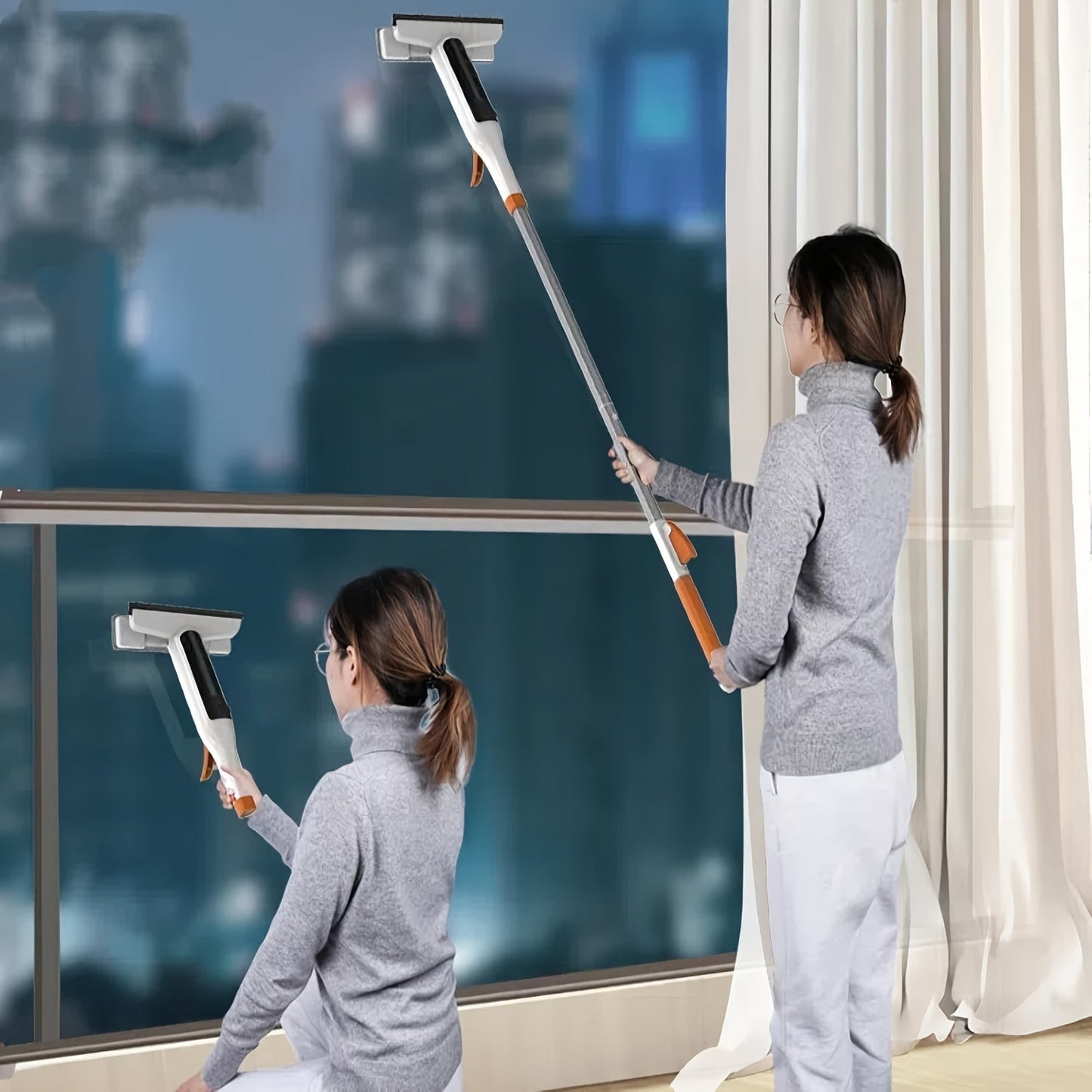 3-in-1 Glass Cleaning Kit with Durable Metal Pole Squeegee and Scraper for High Windows Shower Doors Car Windshields – Streak-Free Home Cleaning Tool