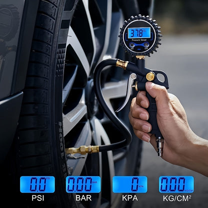 Digital Tire Inflator with Pressure Gauge – 200 PSI LCD Backlight, 4 Units (PSI/BAR/KPA/KGF), Brass Chuck, 3 Connectors, for Car, Truck, Motorcycle & Bike | Velora
