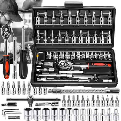 46pcs Home & Car Repair Tool Set – Ratchet Torque Wrench, Screwdriver & Socket Kit for Car, Motorcycle, Bicycle & Household Repairs