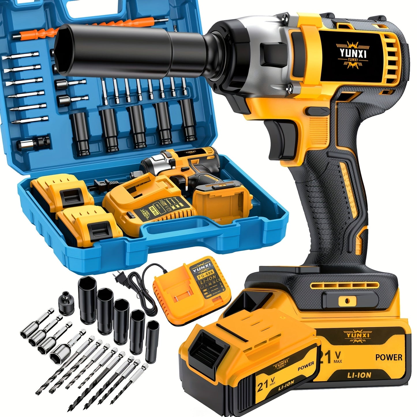 21V Brushless Cordless Impact Wrench & Drill Set – 4000mAh Li-ion Battery, Toolbox, Charger & Socket Accessories for Automotive, Home & Industrial Use