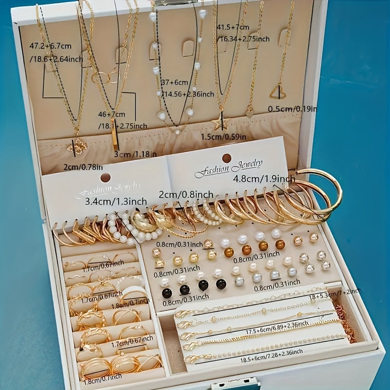 86pcs Faux Pearl Jewelry Set for Women – Necklace Bracelet Rings Earrings with Love Butterfly Star Moon Charms, Boho Fashion Accessories for Party Holiday Dating Daily Wear Gift