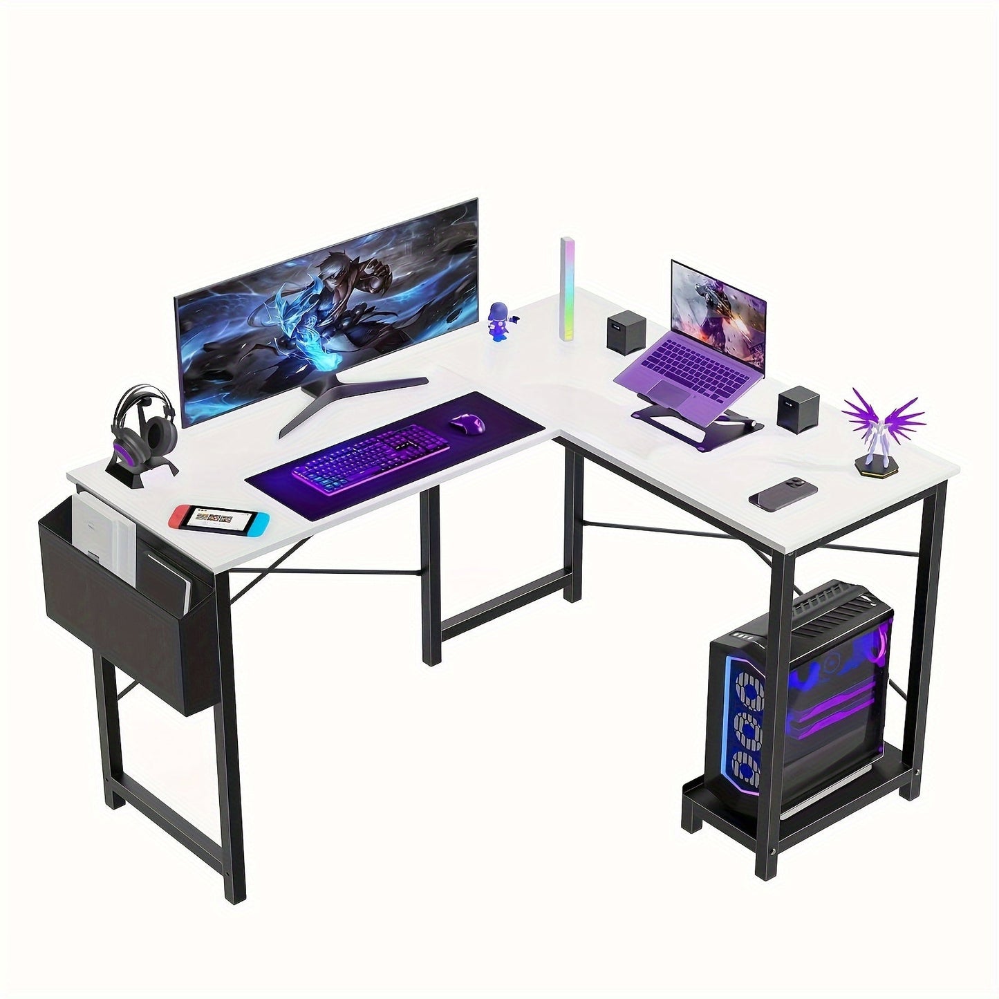 L Shaped Computer Desk with Storage Bag & Shelves – Reversible Corner Office Table, PC Laptop Workstation for Home Office, Study Room, Space-Saving Writing Desk