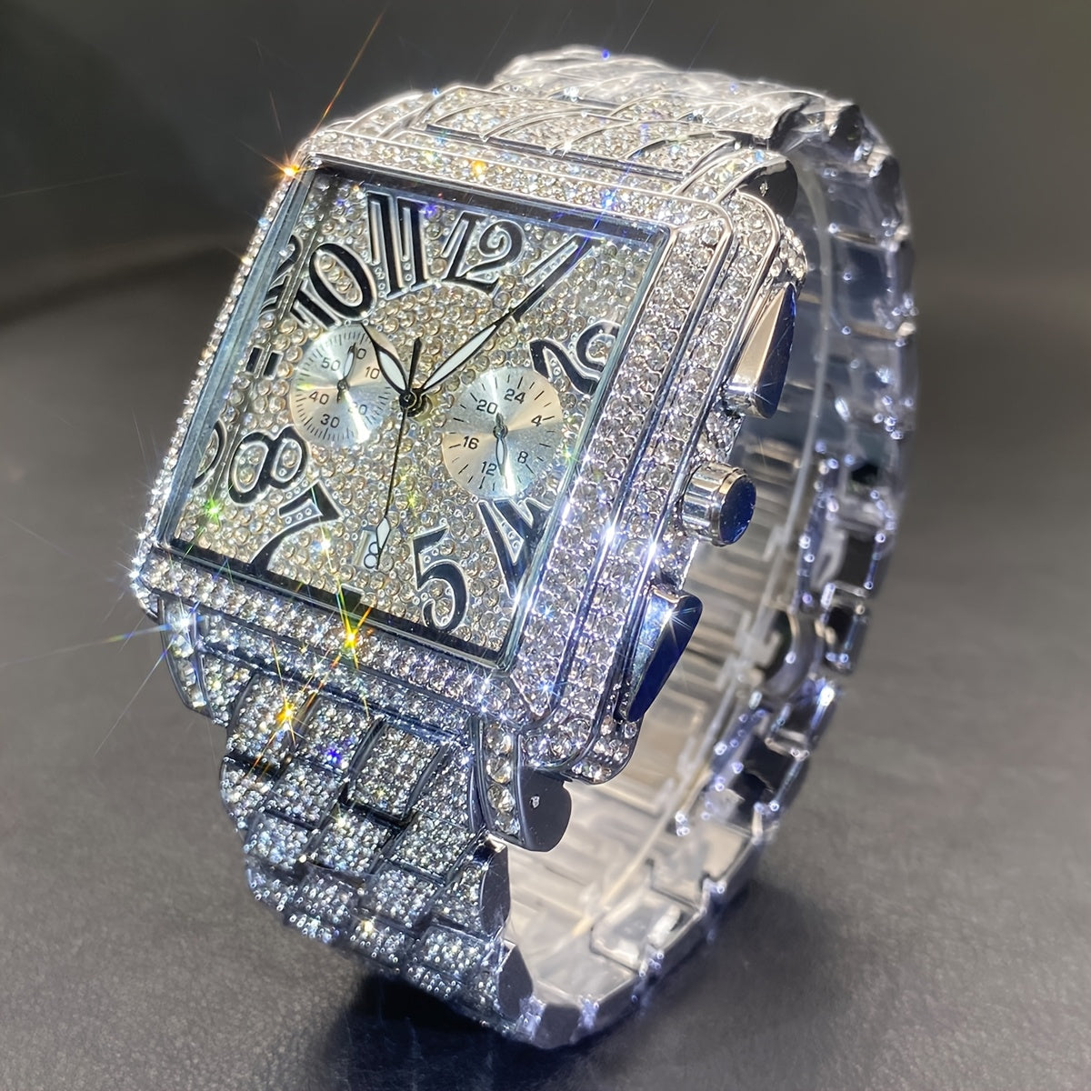 MISSFOX Men's Luxury Hip-Hop Quartz Watch – Square Dial Roman Numerals Rhinestone Bezel Date Calendar Wristwatch for Men, Formal & Casual, Gift for Dad, Silver Black Gold