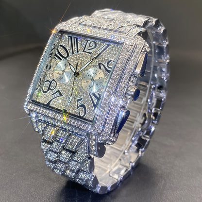 MISSFOX Men's Luxury Hip-Hop Quartz Watch – Square Dial Roman Numerals Rhinestone Bezel Date Calendar Wristwatch for Men, Formal & Casual, Gift for Dad, Silver Black Gold