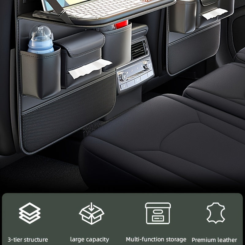 Car Seat Back Organizer PU Leather – Multifunctional Back Seat Storage Bag with Foldable Dining Table, Cup Holder & Travel Pockets, Universal Fit for Cars SUVs Trucks, Road Trip Accessories