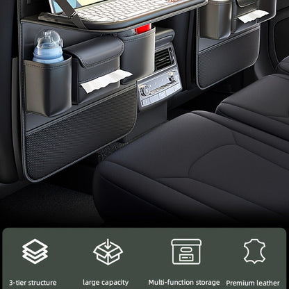 Car Seat Back Organizer PU Leather – Multifunctional Back Seat Storage Bag with Foldable Dining Table, Cup Holder & Travel Pockets, Universal Fit for Cars SUVs Trucks, Road Trip Accessories