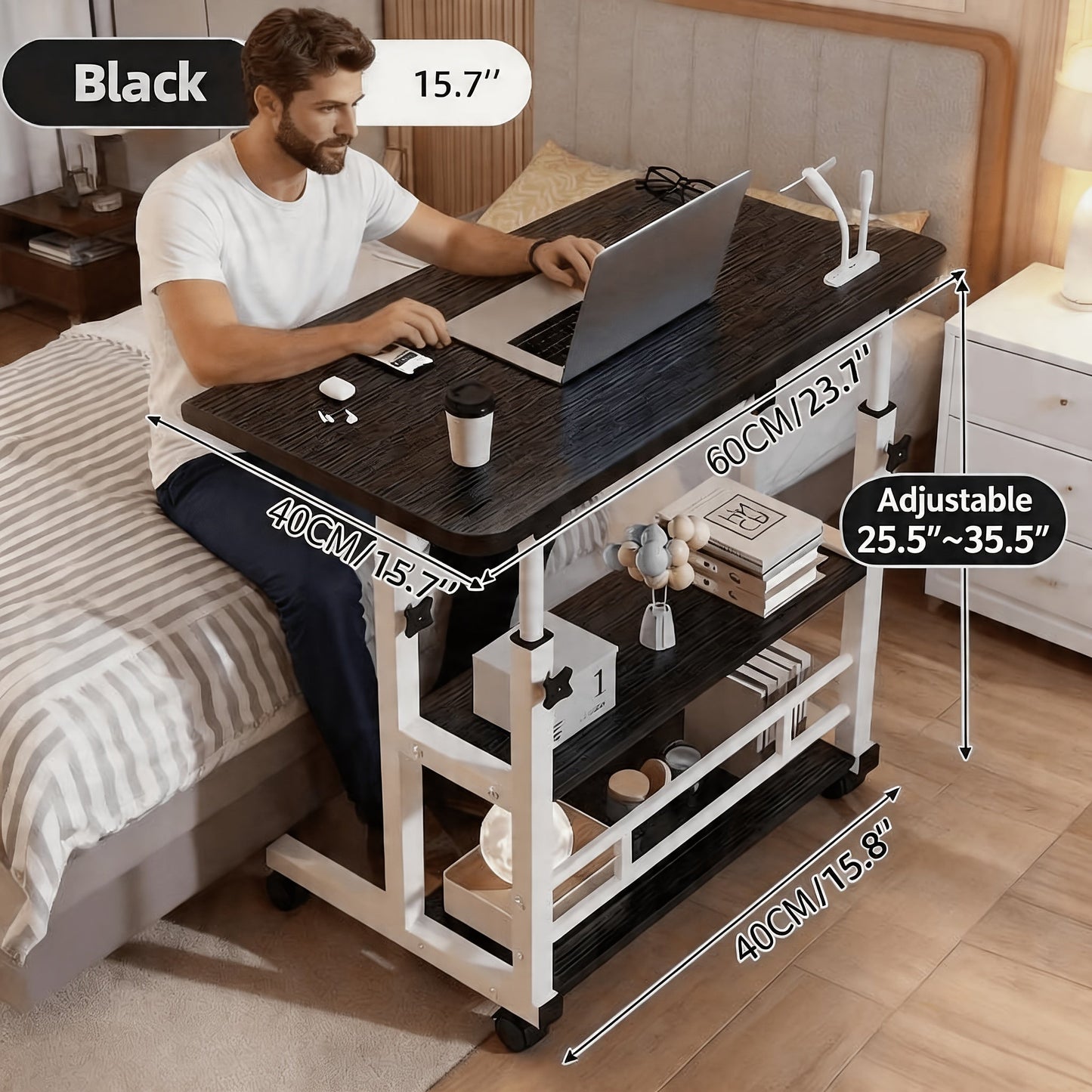 Rolling Bedside Desk Height Adjustable 23-35 Inch with Storage Shelf & Omnidirectional Wheels for Home Bedroom Office Laptop Table