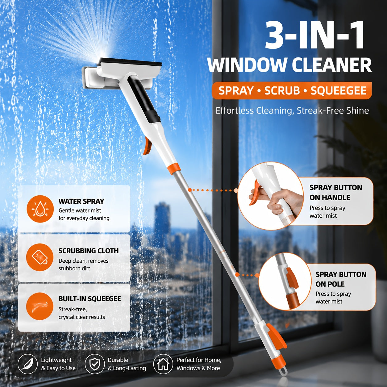 3-in-1 Glass Cleaning Kit with Durable Metal Pole Squeegee and Scraper for High Windows Shower Doors Car Windshields – Streak-Free Home Cleaning Tool
