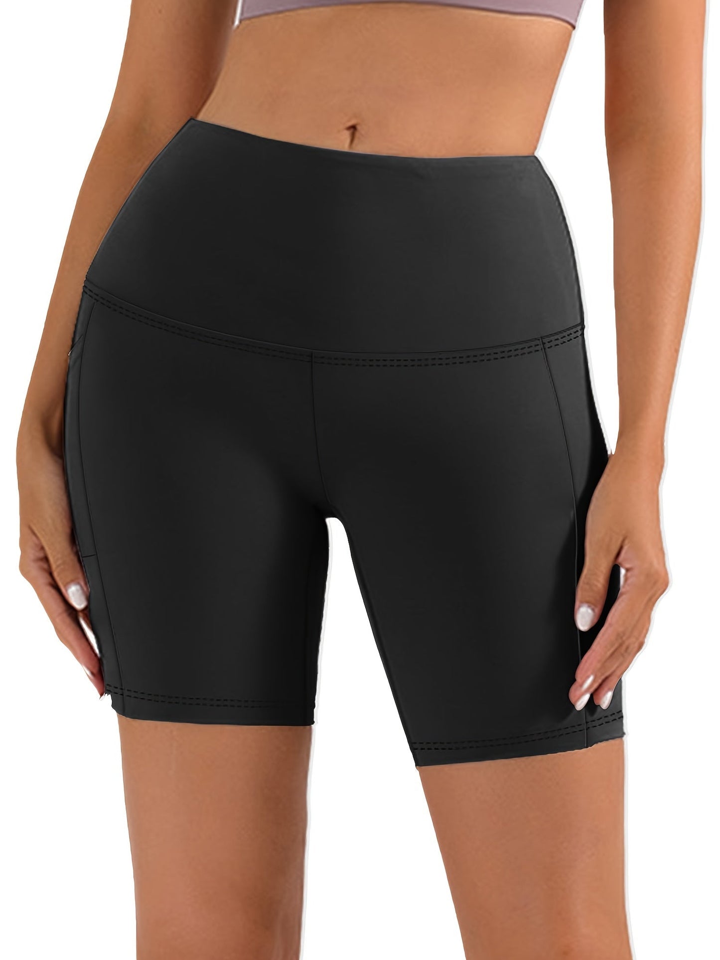 Women's High Waist Yoga Shorts – 4-Way Stretch Sweat-Wicking Athletic Shorts with Elastic Waistband & Side Pockets for Running, Cycling & Training – Black, Dark Gray & Navy, Sizes S-XXL