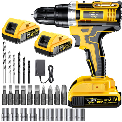 21V Cordless Impact Drill Set 2.0Ah Battery & Fast Charger with Work Light Speed & Torque Adjustment Electric Screwdriver Combo – Optional Storage Box for Car & Home Repair DIY Men's Gift