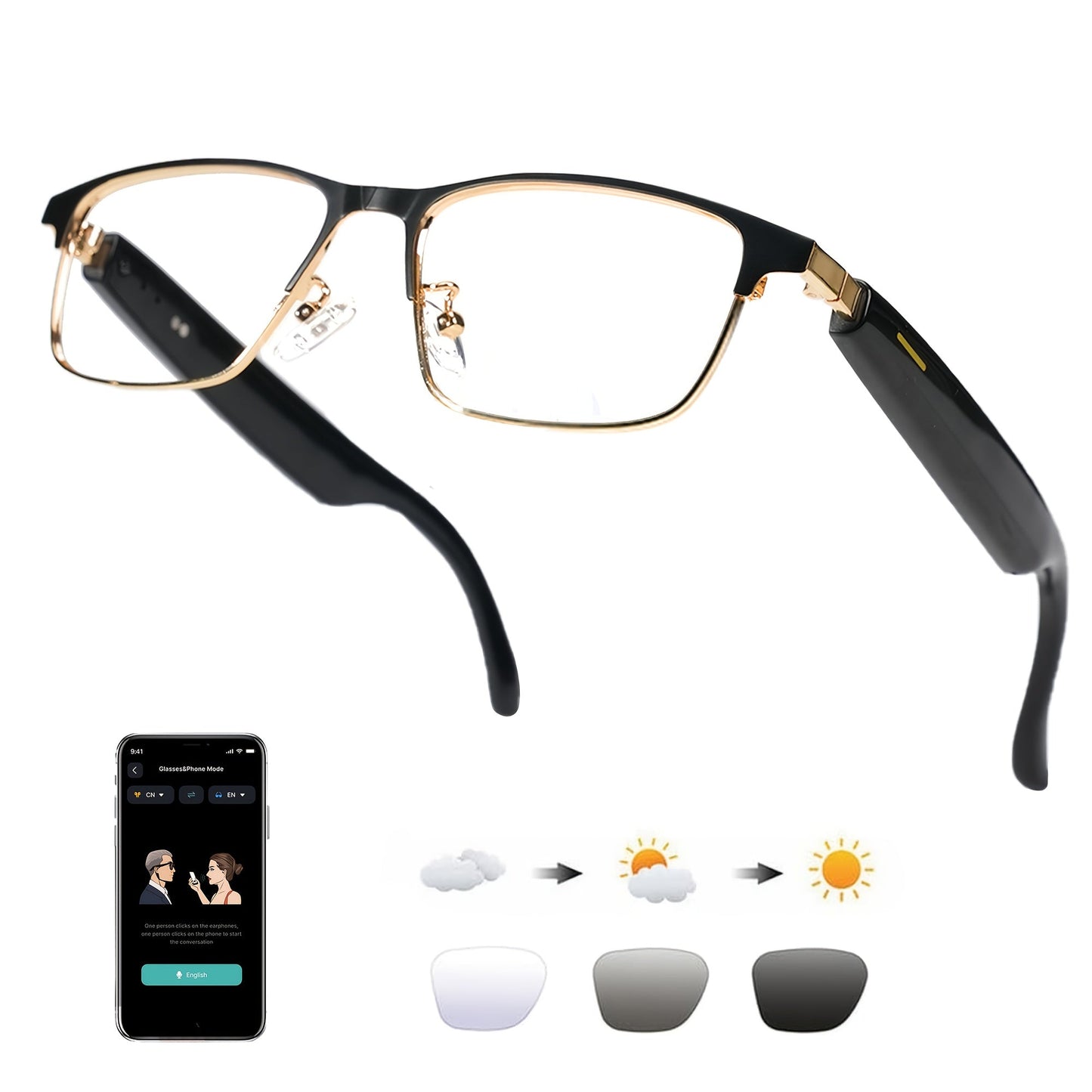 AI Smart Glasses Real-Time Translation 160+ Languages ChatGPT System Bluetooth 5.3 Built-in Mic Speaker – HD Voice Calls HiFi Music Smart Audio Glasses Unisex Men Women