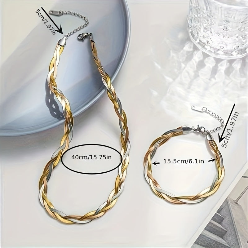 2-Piece Gold Stainless Steel Necklace & Bracelet Set for Women – Gold-Plated Tri-Color Hand-Woven Design, French Minimalist Retro Style for Daily Wear, Commute, Holiday & Party