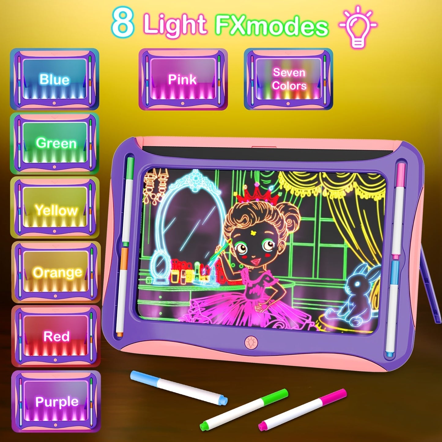 LED Light-Up Drawing Doodle Board for Kids Ages 3-8 – Glow Writing Art Set with 9 Double-Sided Cards & 6 Markers, Educational Learning Travel Toy, Birthday & Christmas Gift for Girls Boys