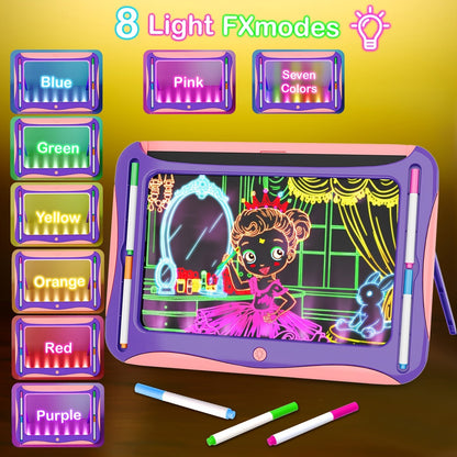 LED Light-Up Drawing Doodle Board for Kids Ages 3-8 – Glow Writing Art Set with 9 Double-Sided Cards & 6 Markers, Educational Learning Travel Toy, Birthday & Christmas Gift for Girls Boys