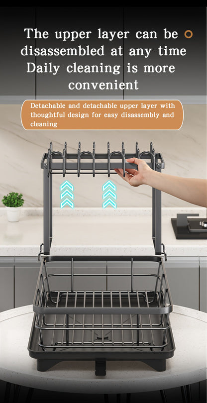 2-Tier Metal Dish Drying Rack with Cutlery Holder, Cup Holder & Rust-Proof Drip Tray – Space-Saving Countertop Dish Drainer for Kitchen Organization, Durable Steel Dish Rack for All Countertop Types