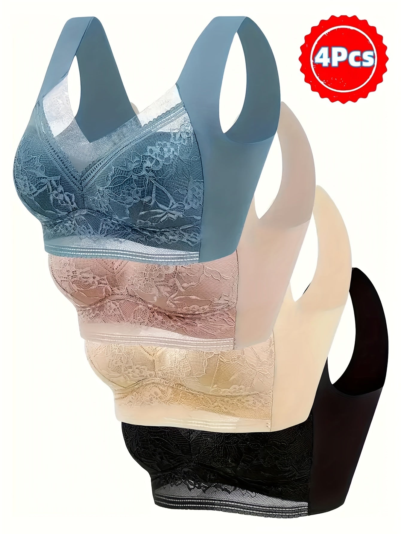 4 Pack Lace Ice Silk Bra Vest for Women – Traceless Gathered Support, Breathable Thin Style with Beautiful Back Design, Sizes S-XXL, 2 Multicolor Sets