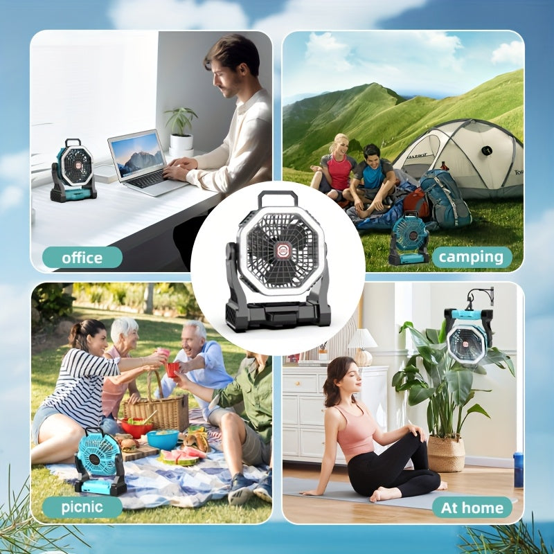 Rechargeable Portable Camping Fan with LED Light & Hanging Rope - 4-Speed USB Battery Powered Tent Fan for Outdoor Travel Indoor Home