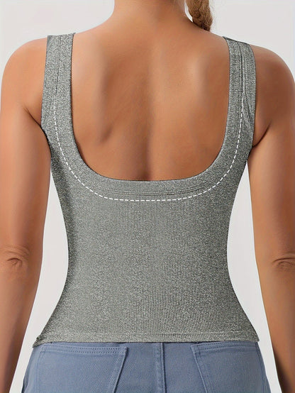 Women's Scoop Neck Tank Top Removable Chest Padding Slim Fit Casual Summer Sleeveless Top 8 Colors XS-XL Built-In Bra