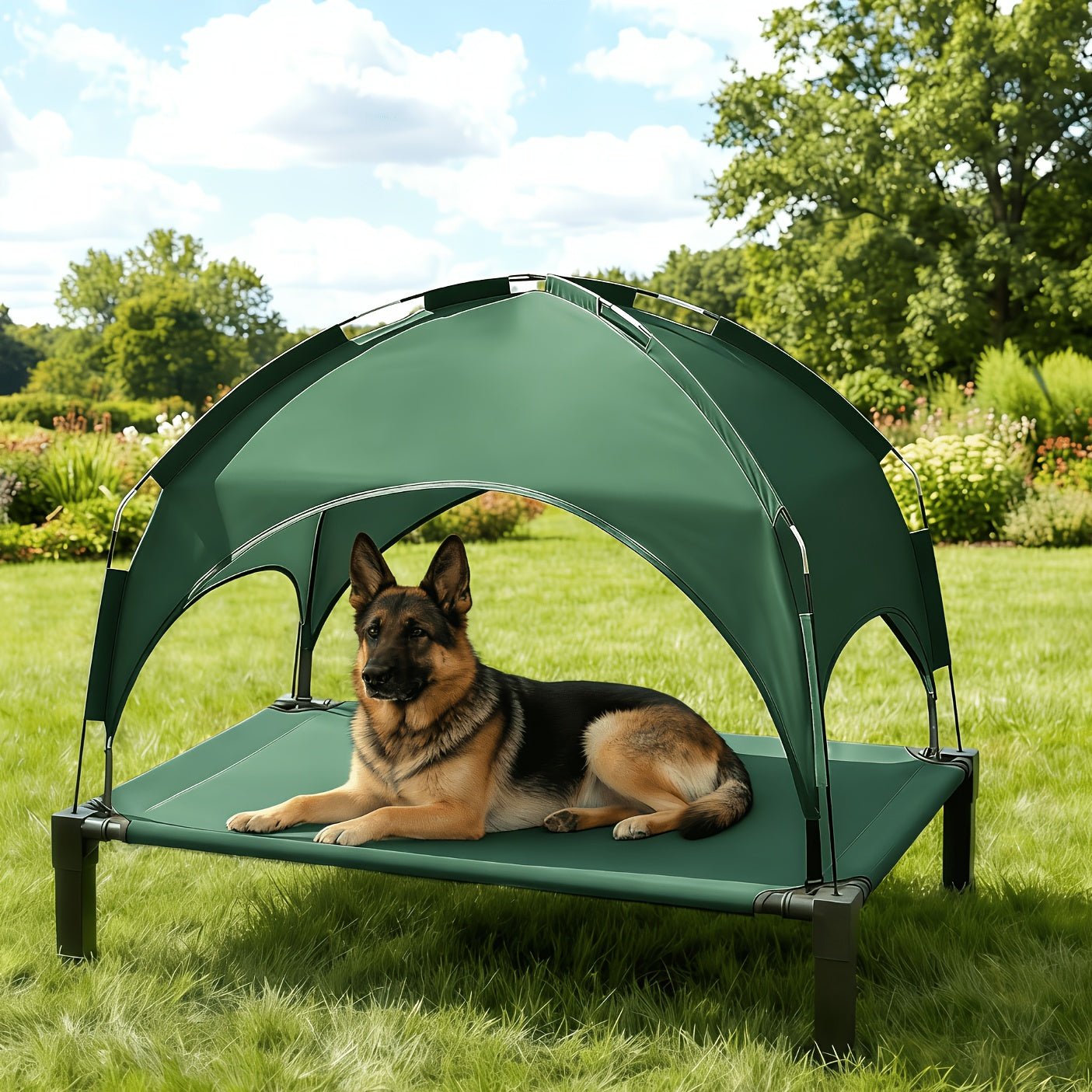 Elevated Dog Bed with Removable Canopy Shade Tent – Portable Raised Outdoor Cooling Pet Cot for Dogs & Cats, Breathable Mesh, Lightweight Foldable Design for Camping, Yard & Patio