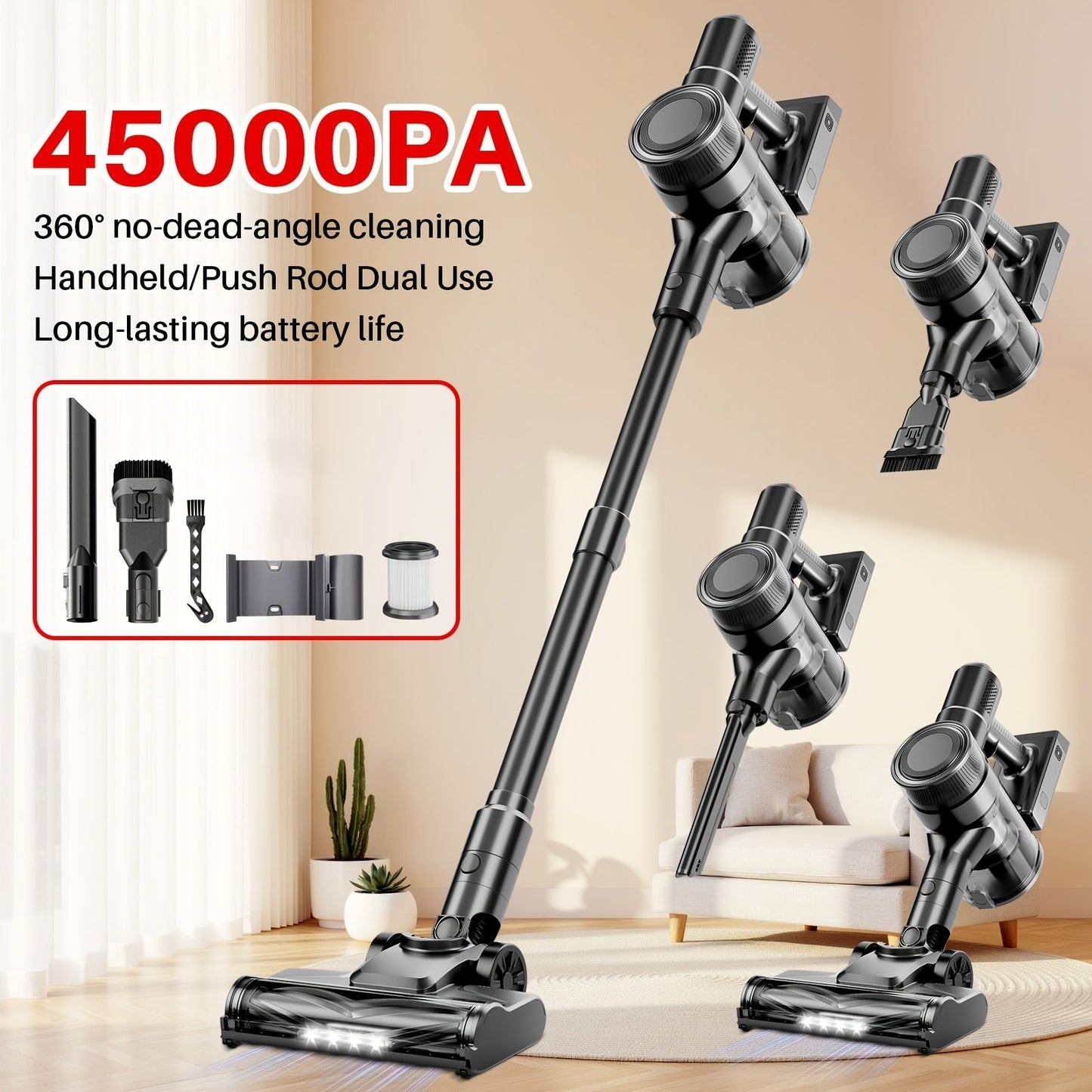 Cordless Stick Vacuum Cleaner 45-70KPA Powerful Suction, Anti-Tangle Brush 45-Min Runtime 50oz Dust Cup, Corded & Cordless Options, Rechargeable Lightweight Vacuum for Hardwood Floor Carpet Pet Hair Home