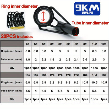Fishing Rod Tip Repair Kit Stainless Steel Ceramic Guides 24 Sizes 20-65pcs Spinning Casting Lure Rod Building Eyelet Replacement Kit with Hot Glue
