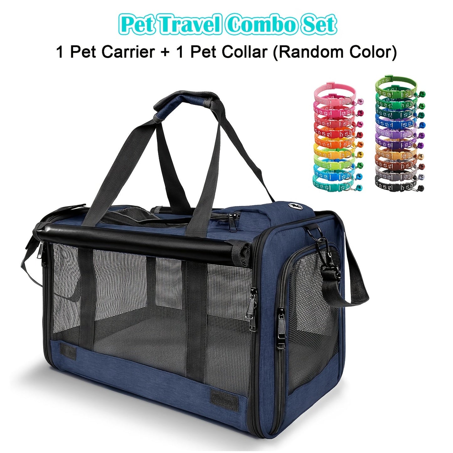 Airline Approved Pet Carrier Soft Sided – Breathable Collapsible Travel Bag for Cats & Small Dogs with Accessories Bundle Collar Bowls or Pet Glove 10 Colors Pink Blue Black Gray Navy Green Orange