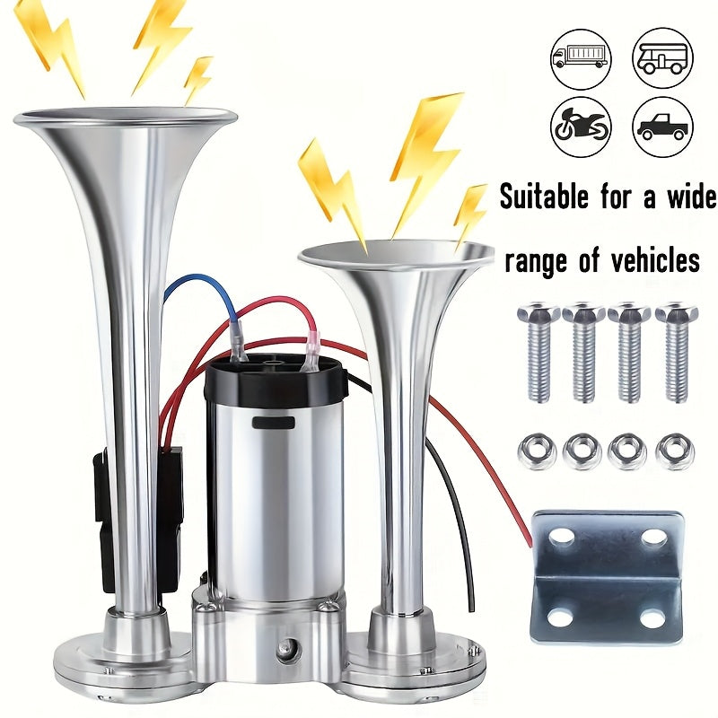 120dB Dual Air Horn Kit 12V with Air Compressor – Super Loud Truck Train Horn for SUV, Motorcycle, Pickup Truck, Car & Boat – Universal Electric Dual Tone Horn – Velora