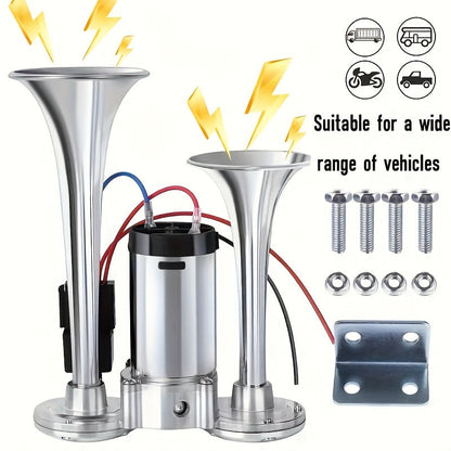 120dB Dual Air Horn Kit 12V with Air Compressor – Super Loud Truck Train Horn for SUV, Motorcycle, Pickup Truck, Car & Boat – Universal Electric Dual Tone Horn – Velora