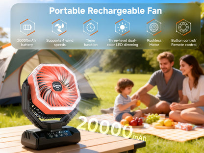 20000mAh Camping Fan with LED Light & Remote Control – 4-Speed Brushless Motor, 180° Oscillating Portable Outdoor Fan, 22-26 Hour Battery Life, 40 LEDs, Timer – for Camping, Hiking, Tent, Emergency & Home Use