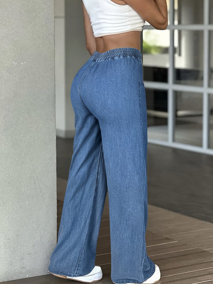 Women's High-Waisted Wide Leg Jeans – Loose Fit Drawstring Elastic Waist, Solid Light Blue, Lightweight All-Season Casual Straight Trousers, Sizes XS-XL, Everyday Comfort Denim
