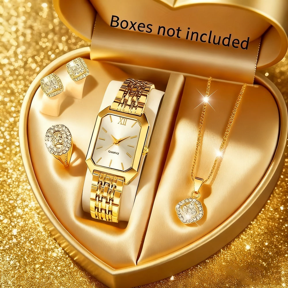 Women's 5-Piece Golden Tone Quartz Watch & Jewelry Set – Square Dial Watch with Matching Necklace, Earrings & Ring, Elegant Gift Set for Parties, Weddings & Special Occasions, 3 Colors