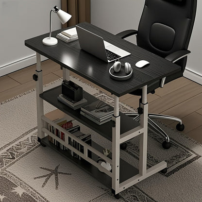 3-Tier Rolling Folding Desk with Wheels Height Adjustable Expandable Desktop Storage Shelf for Laptop Study Home Office Bedroom Living Room Computer Table