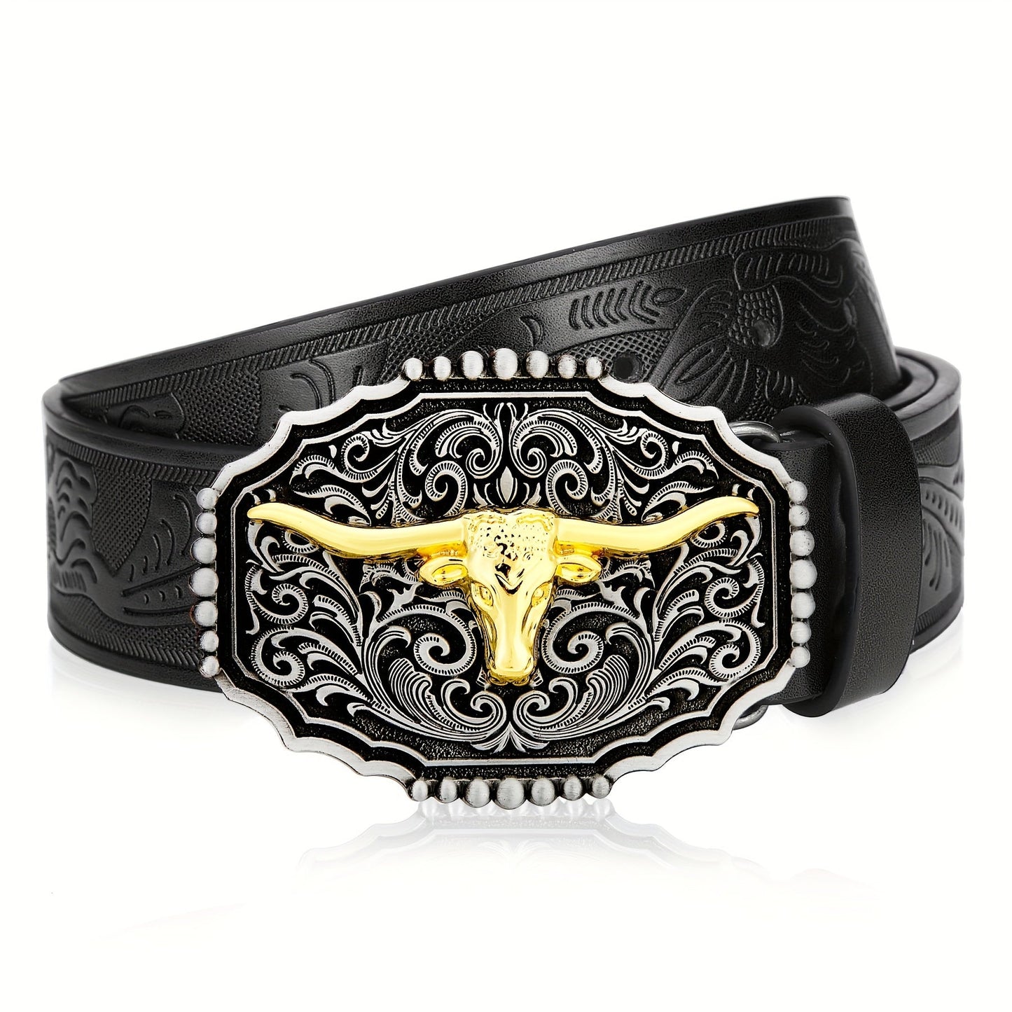 Western Cowboy Belt for Men & Women Embossed Floral Faux Leather – Longhorn Bull Pattern Big Buckle Zinc Alloy, Sizes 34-44, Stylish Durable Country Western Dress Belt Gift for Christmas Father's Day