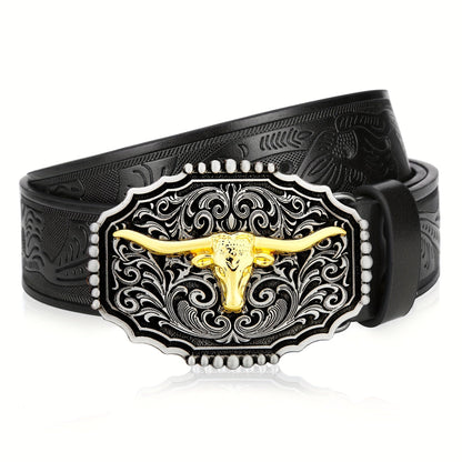 Western Cowboy Belt for Men & Women Embossed Floral Faux Leather – Longhorn Bull Pattern Big Buckle Zinc Alloy, Sizes 34-44, Stylish Durable Country Western Dress Belt Gift for Christmas Father's Day